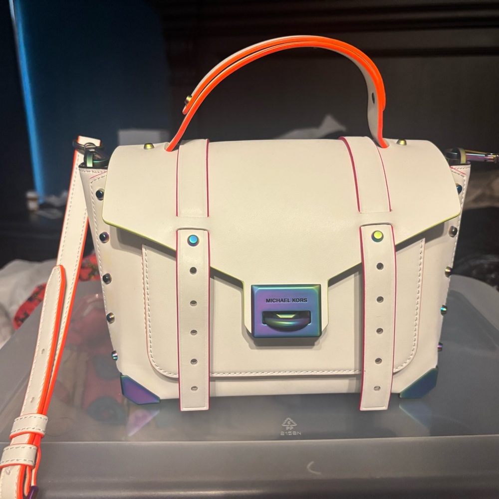 Michael Kors White Satchel with Neon Orange Trim and Iridescent Hardware